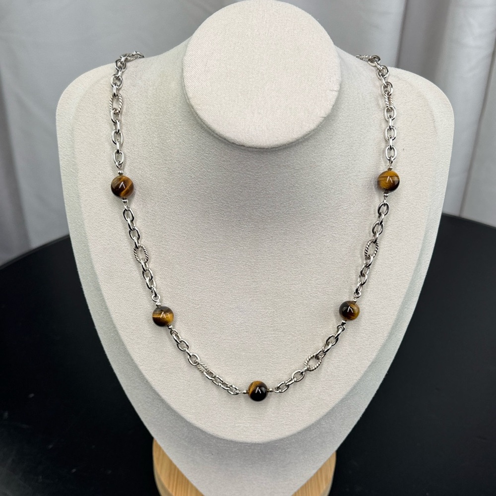 Vintage 925 Sterling Silver Tigers Eye Bead Station Rolo Link Necklace 18”